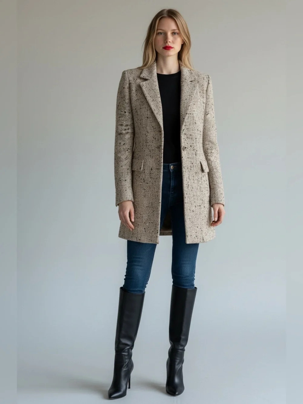 CHANEL Grey Speckled Tweed Blazer Coat